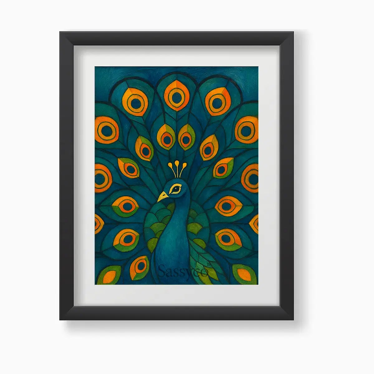 Black framed canvas artwork of a peacock with vibrant colors on a white background. Blue, green, orange peacock wall art canvas painting – modern Indian artwork featuring vibrant blue and green feathers symbolizing grace, beauty, and renewal; elegant home décor for living room, bedroom wall. 