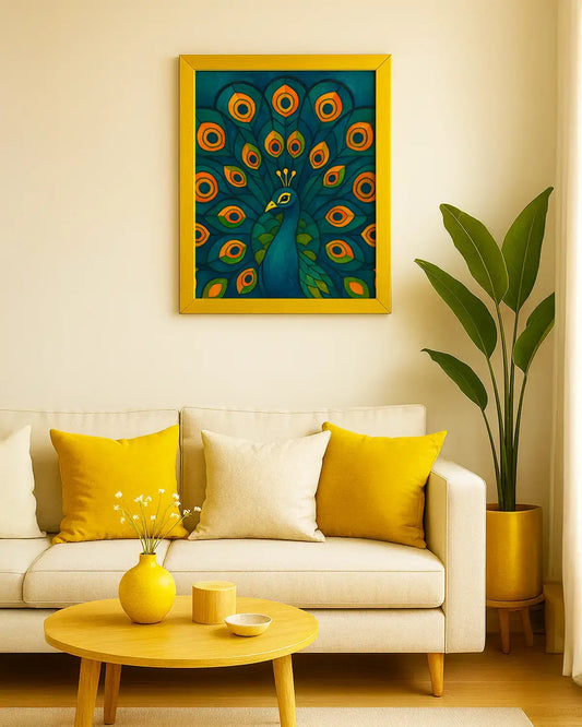 Gold framed canvas artwork of a peacock with vibrant colors on a white background. Blue, green, orange peacock wall art canvas painting – modern Indian artwork featuring vibrant blue and green feathers symbolizing grace, beauty, and renewal; elegant home décor for living room, bedroom wall. 