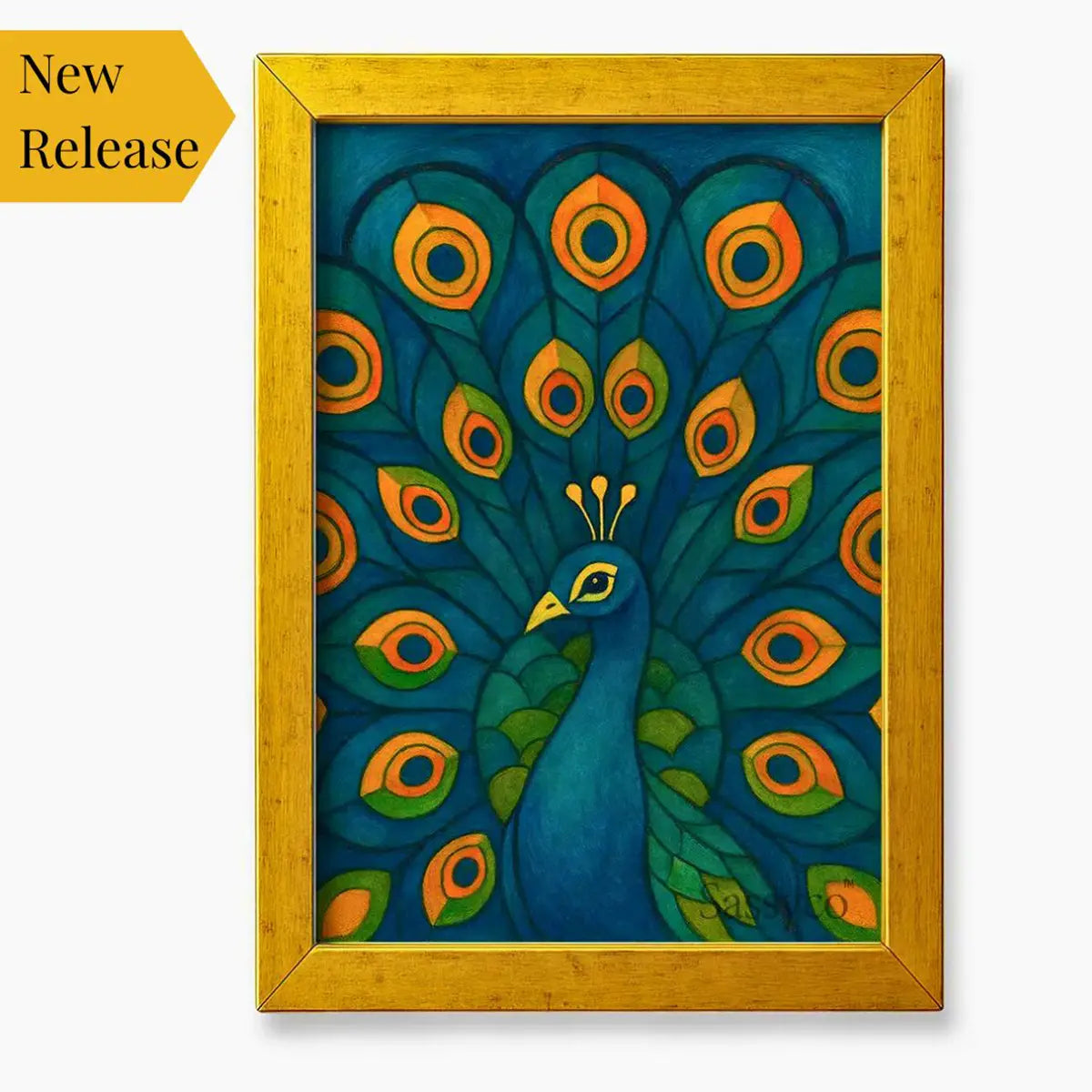 Gold framed canvas artwork of a peacock with vibrant colors on a white background. Blue, green, orange peacock wall art canvas painting – modern Indian artwork featuring vibrant blue and green feathers symbolizing grace, beauty, and renewal; elegant home décor for living room, bedroom wall. 