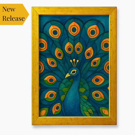 Gold framed canvas artwork of a peacock with vibrant colors on a white background. Blue, green, orange peacock wall art canvas painting – modern Indian artwork featuring vibrant blue and green feathers symbolizing grace, beauty, and renewal; elegant home décor for living room, bedroom wall. 