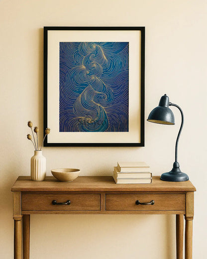 Nature inspired blue abstract wind wall art painting canvas & framed print for modern bedroom, living decor, office, work station, home decor