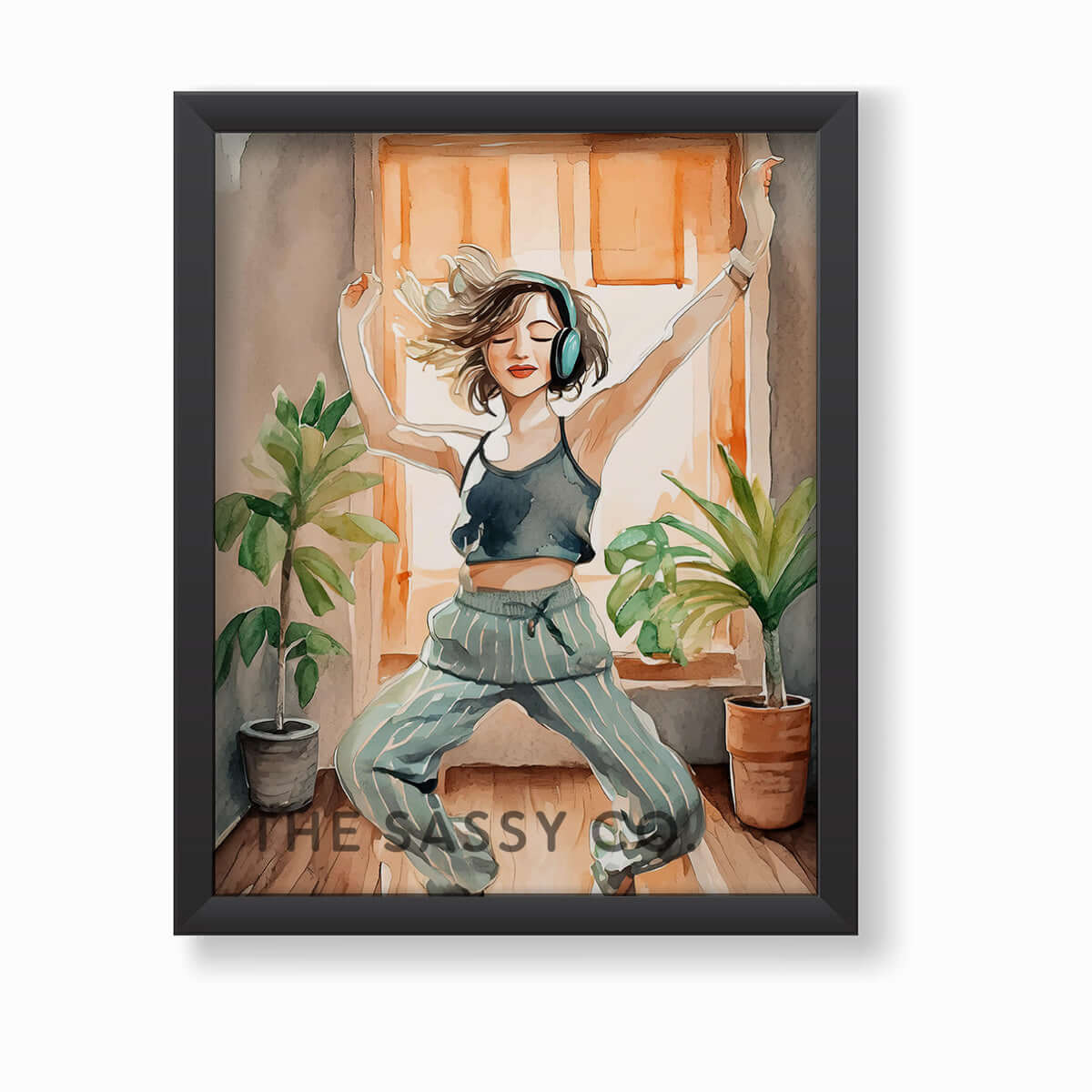 an orange, brown, green boho style watercolor modern Woman dancing with headphones, wall art painting canvas gallery wrap, framed artwork print for bedroom wall and modern Indian home boho wall art decor