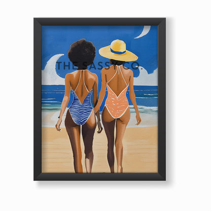 Boho Style women at the beach wall art painting canvas print, framed print for bedroom, living room, home decor