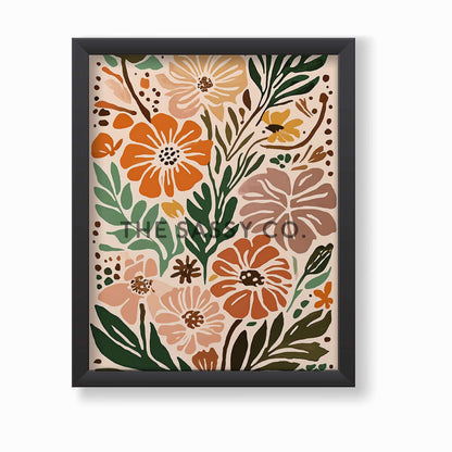 Boho style modern abstract colorful floral flowers wall art painting canvas gallery wrap and black framed artwork art print for bedroom wall, living room and modern Indian home boho wall art decor.