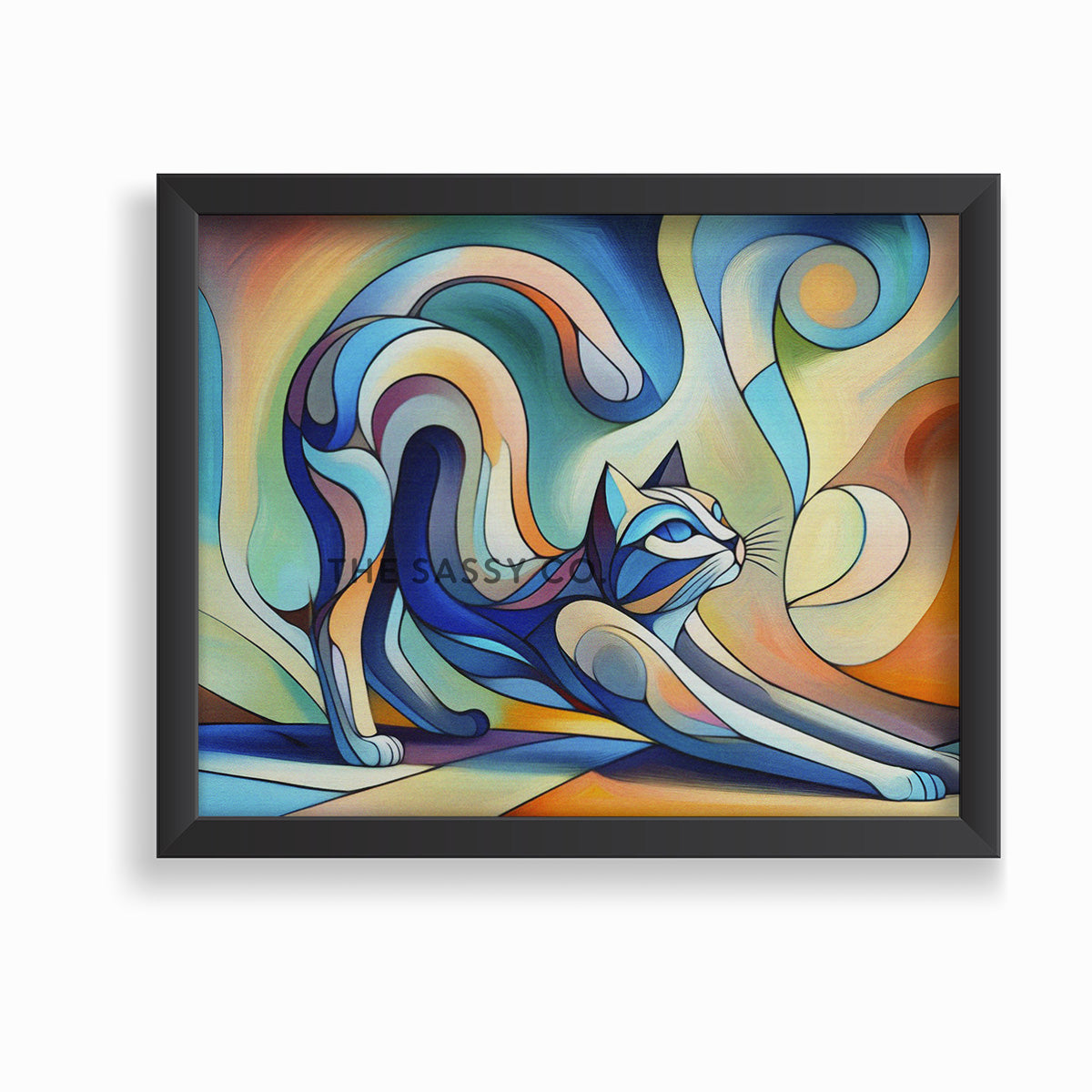 Picasso style modern abstract cat wall art painting, canvas print and framed print for living room and home decor