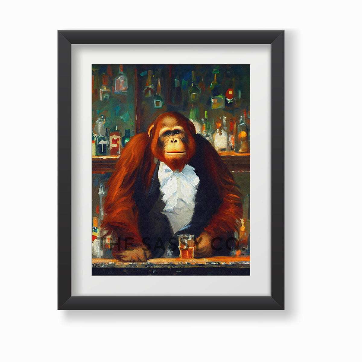 Vintage style, Animal, Orangutan Bartender Wall Art Painting, Canvas & Framed print for bar, Kitchen, Dining, Home decor