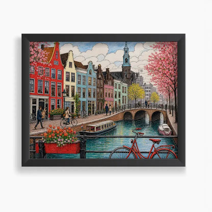 Amsterdam Netherlands canal cityscape with colourful gabled houses, cherry blossom trees, tulips and a red bicycle watercolor painting, framed in a black frame, styled in a living room - Dutch travel wall art, Europe cityscape canvas wall art, Amsterdam poster artwork print for living room, bedroom and home office wall decor