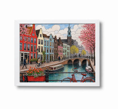 Amsterdam Netherlands canal cityscape with colourful gabled houses, cherry blossom trees and a red bicycle watercolor painting, framed in a clean white frame, styled in a living room - Dutch travel wall art, Europe cityscape canvas wall art, Amsterdam poster artwork print for living room, bedroom and home office wall decor