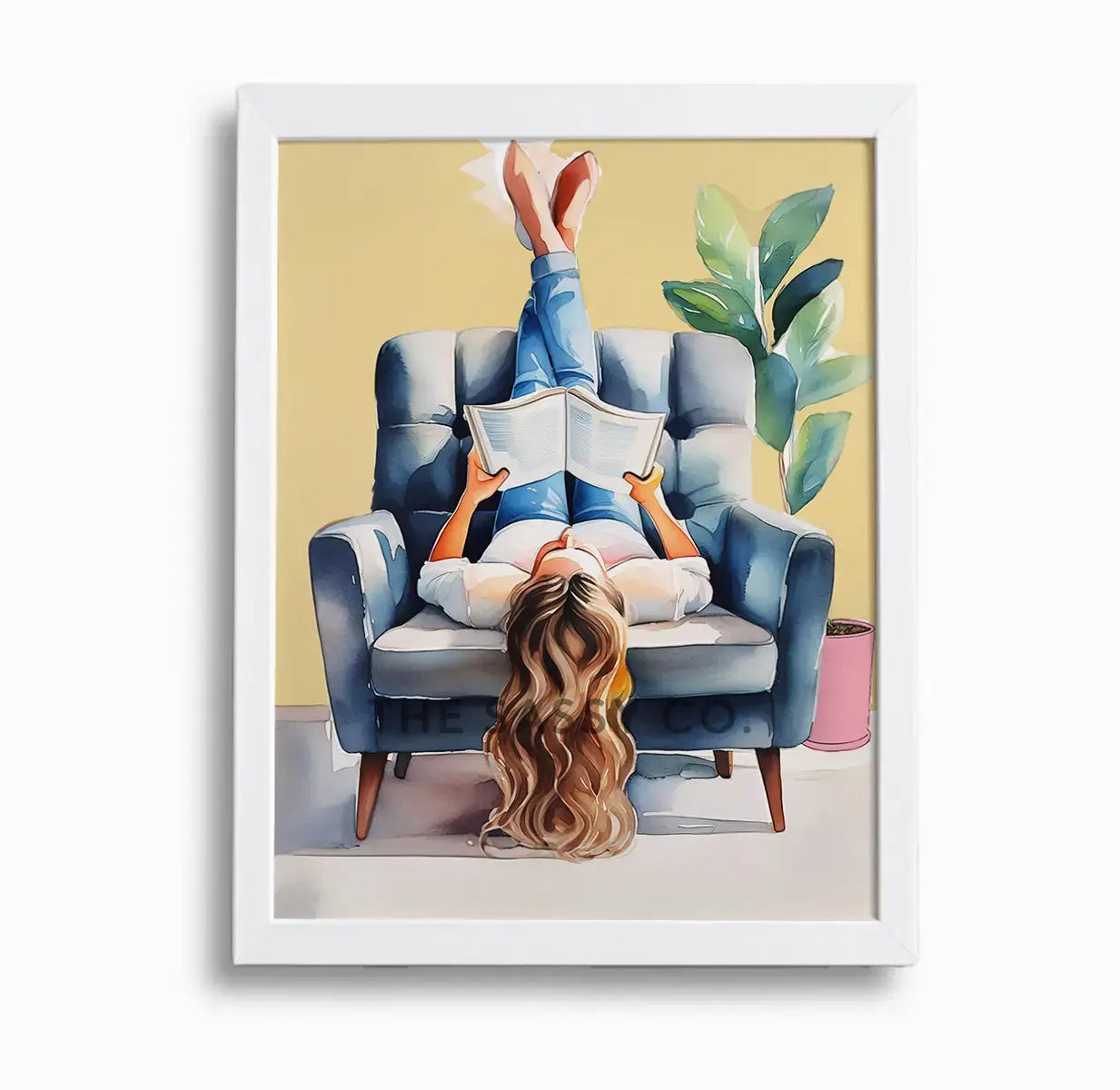 A yellow, blue boho style watercolor modern artwork of a woman reading book. Boho watercolor wall art painting canvas, framed art print for bedroom, living room, home wall decor. Boho wall decor ideas for modern Indian homes. Buy wall art painting online 