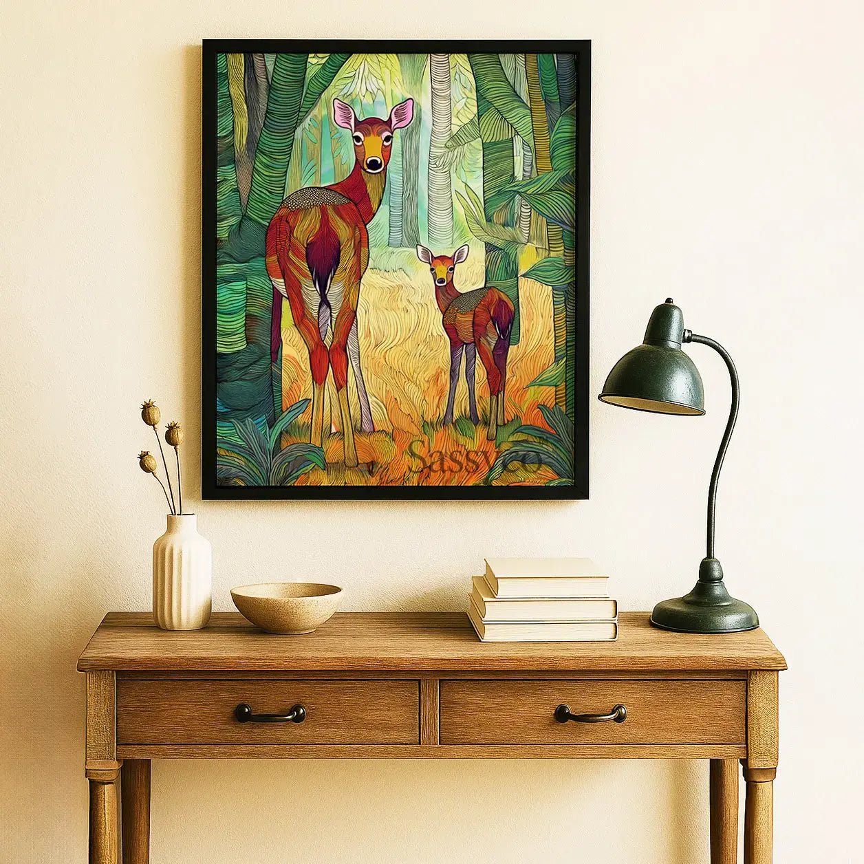 Framed artwork of deer in a forest scene on a wall above a wooden table with decor items. A modern abstract tribal style wildlife artwork of a mother spotted deer animal and her fawn in nature.  The canvas wall art painting features soft, earthy hues and detailed line patterns, highlighting the tender bond between the cautious mother and the curious fawn. The piece exudes calm and peace, making it an ideal canvas painting wall art decor for the living room or as nature-inspired home decor. 
