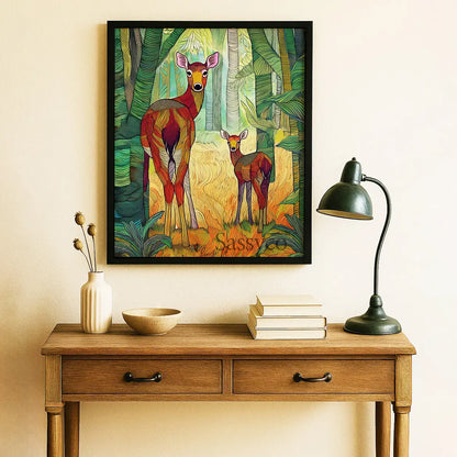 Framed artwork of deer in a forest scene on a wall above a wooden table with decor items. A modern abstract tribal style wildlife artwork of a mother spotted deer animal and her fawn in nature.  The canvas wall art painting features soft, earthy hues and detailed line patterns, highlighting the tender bond between the cautious mother and the curious fawn. The piece exudes calm and peace, making it an ideal canvas painting wall art decor for the living room or as nature-inspired home decor. 