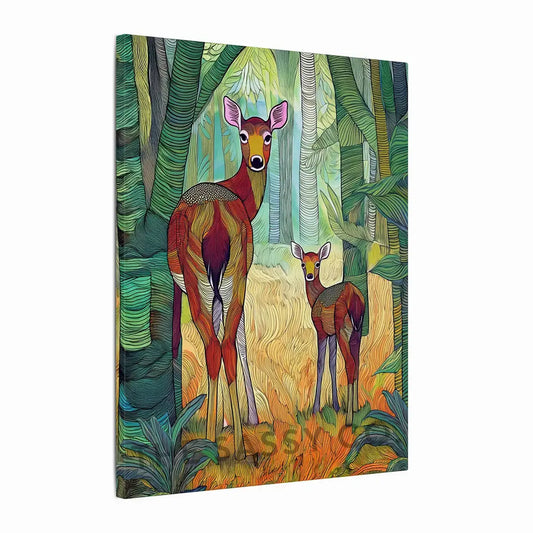 A modern abstract tribal style wildlife artwork showcasing a mother spotted deer and her fawn in nature.  The canvas wall art painting features soft, earthy hues and detailed line patterns, highlighting the tender bond between the cautious mother and the curious fawn. The piece exudes calm and connection, making it an ideal canvas painting wall art decor for the living room or as nature-inspired home decor. Suitable for wildlife lovers, animal and nature lovers.