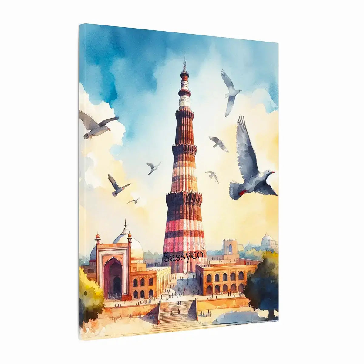 Qutub Minar Delhi India heritage monument cityscape with red sandstone minaret, mosque ruins and pigeons in flight against a golden sky watercolor painting, as a gallery wrap canvas print - India travel wall art, Indian heritage canvas wall art, Delhi monument poster artwork print for living room, and home office wall decor