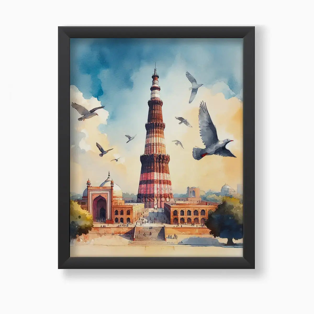Qutub Minar Delhi India heritage monument with red sandstone minaret, mosque ruins and pigeons in flight against a golden sky watercolor painting, framed in a sleek black frame - India travel wall art, Indian heritage canvas wall art, Delhi monument poster artwork print for living room, and home office wall decor
