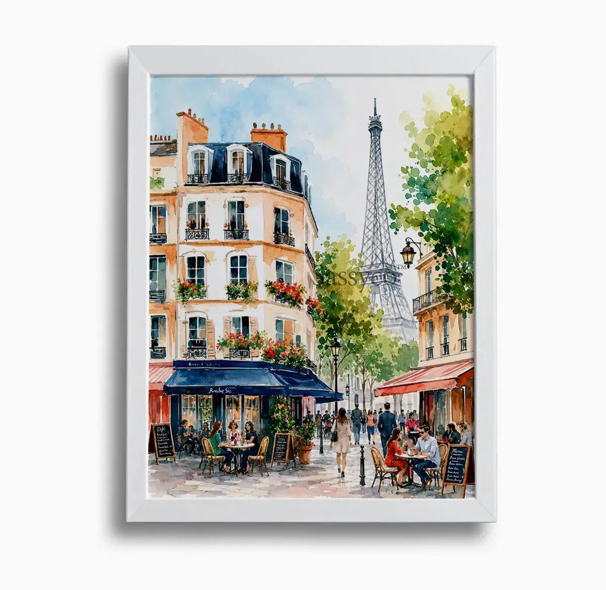 Paris France Eiffel Tower and Parisian sidewalk cafe street scene watercolor cityscape painting, framed in a clean white frame - romantic French travel wall art, Europe cityscape canvas wall art, Paris poster artwork print for living room, bedroom and home office wall decor