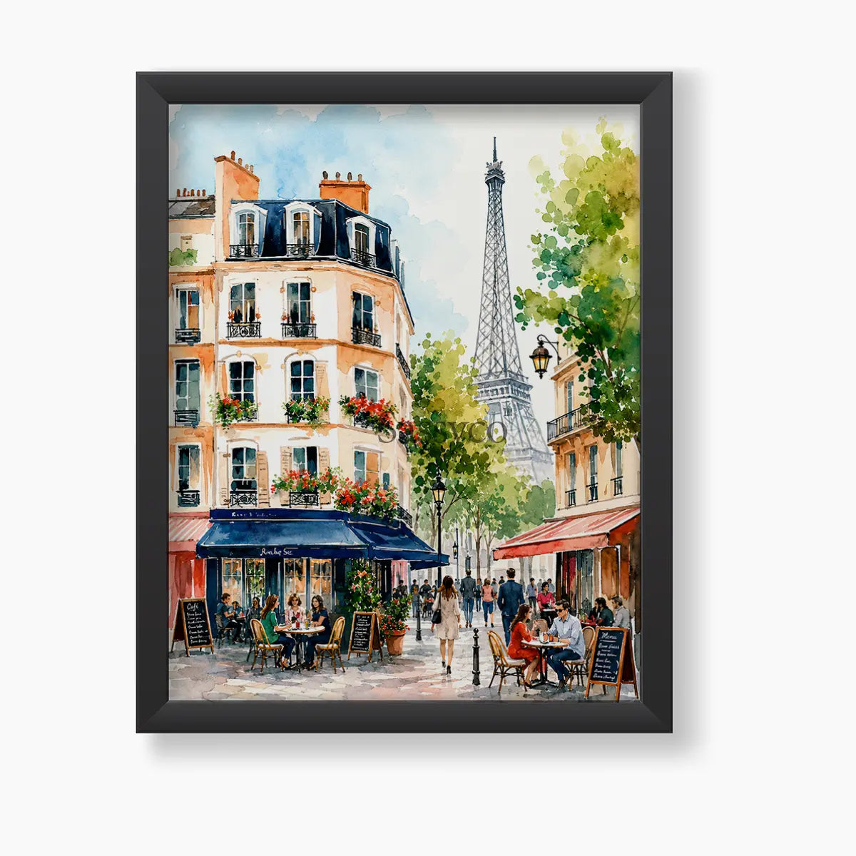 Paris France Eiffel Tower and Parisian sidewalk cafe street scene watercolor cityscape painting, framed in a sleek black frame - romantic French travel wall art, Europe cityscape canvas wall art, Paris poster artwork print for living room, bedroom and home office wall decor