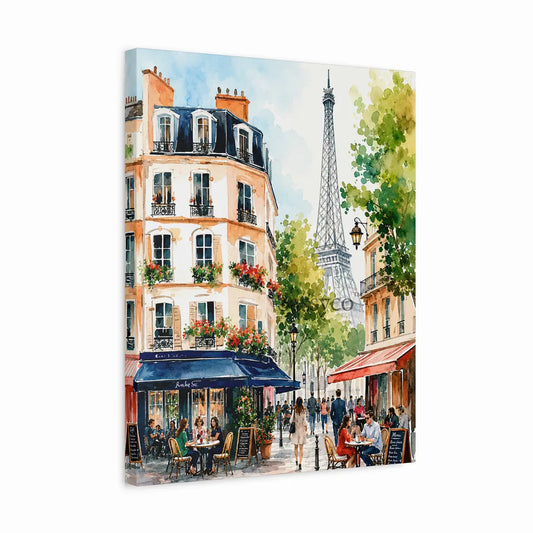 Paris France Eiffel Tower and Parisian sidewalk cafe street scene watercolor cityscape painting, shown as a canvas gallery wrap - romantic French travel wall art, Europe cityscape canvas wall art, Paris poster artwork print for living room, bedroom and home office wall decor