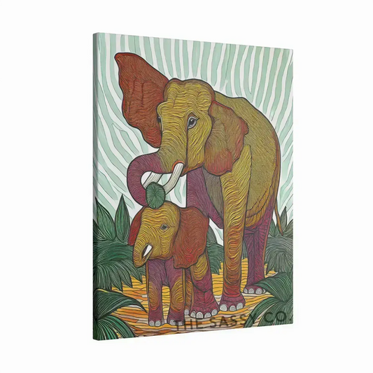 Colorful aesthetic canvas wall art painting of a mother elephant and calf in an abstract, tribal-inspired style, featuring rich earthy tones of burnt orange, mustard yellow, deep red, and forest green. The modern artwork reflects themes of strength, freedom, and connection. Ideal for boho, nature-inspired home wall decor in living rooms or bedrooms, and perfect for animal lovers and wildlife nature art enthusiasts. Available as canvas gallery wrap or framed wall art painting. 