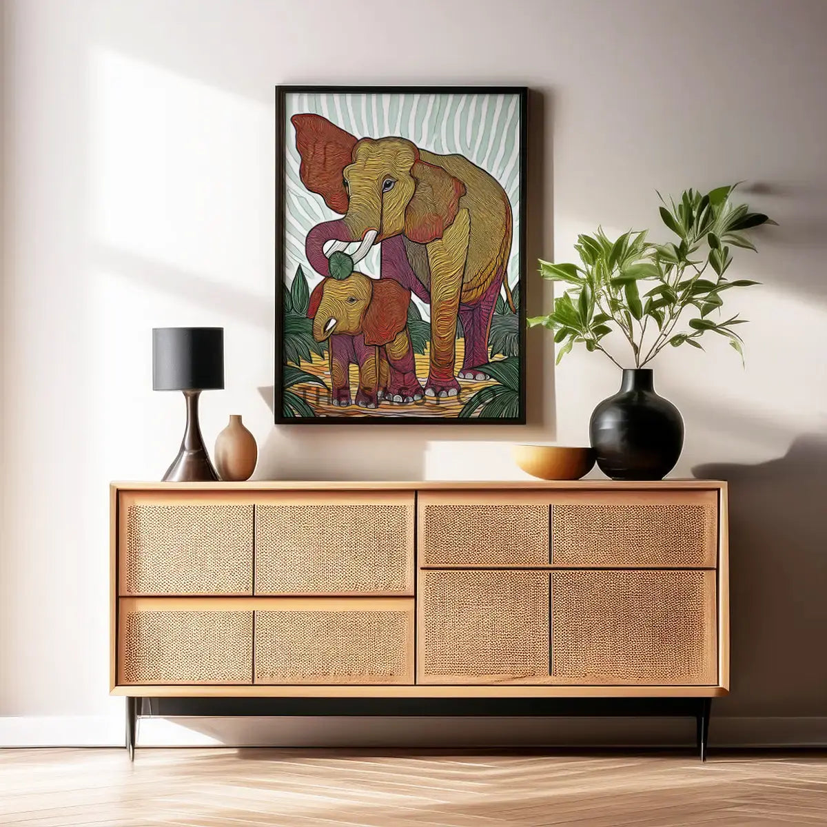 Colorful aesthetic canvas wall art painting of a mother elephant and calf in an abstract, tribal-inspired style, featuring rich earthy tones of burnt orange, mustard yellow, deep red, and forest green. The modern artwork reflects themes of strength, freedom, and connection. Ideal for boho, nature-inspired home wall decor in living rooms or bedrooms, and perfect for animal lovers and wildlife nature art enthusiasts. Available as canvas gallery wrap or framed wall art painting. 