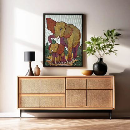 Colorful aesthetic canvas wall art painting of a mother elephant and calf in an abstract, tribal-inspired style, featuring rich earthy tones of burnt orange, mustard yellow, deep red, and forest green. The modern artwork reflects themes of strength, freedom, and connection. Ideal for boho, nature-inspired home wall decor in living rooms or bedrooms, and perfect for animal lovers and wildlife nature art enthusiasts. Available as canvas gallery wrap or framed wall art painting. 