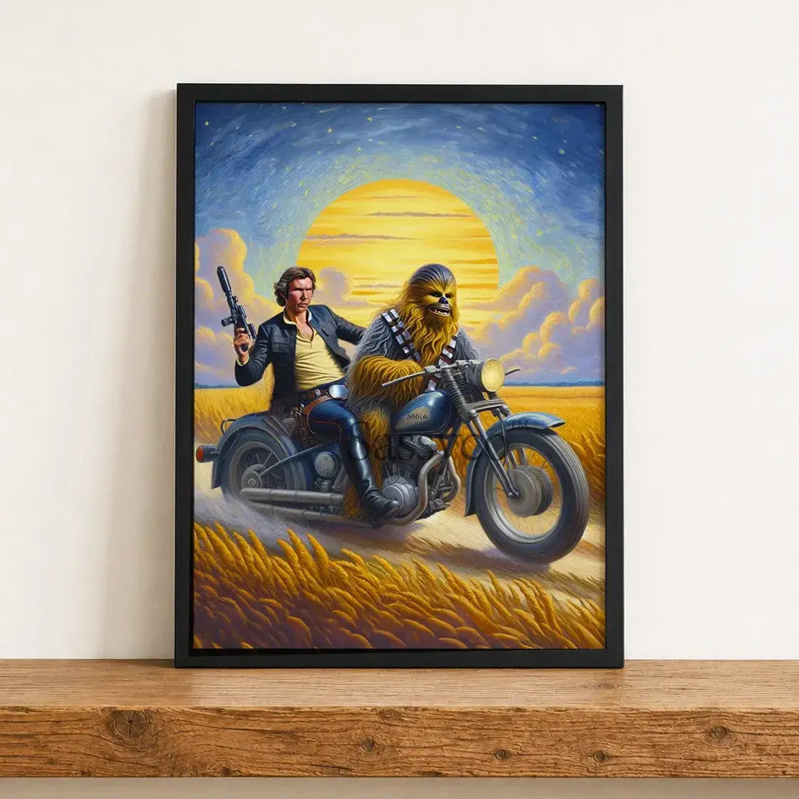 Funny Star Wars Han Solo and Chewbacca wall art painting canvas print, framed prints for Bedroom, living room, game room and home office wall decor. Chewie and Han Solo riding a motorcycle canvas wall art painting poster print for Star wars fans, nerdy, geeky cafe decor, restaurant wall art decor. Star wars themed wall decor.