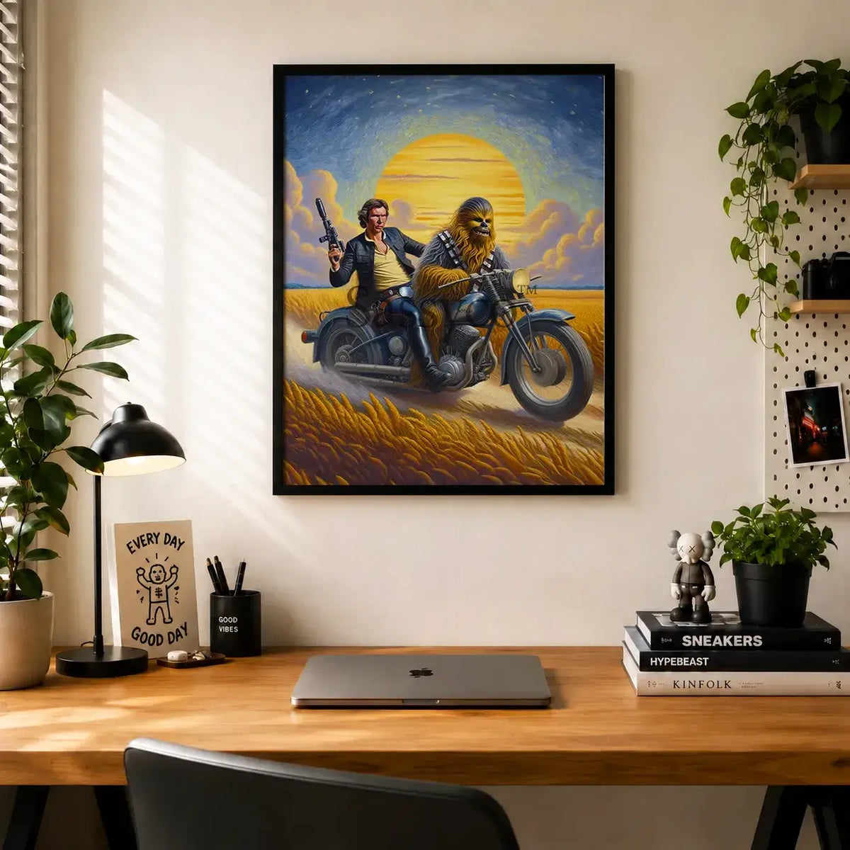 Funny Star Wars Han Solo and Chewbacca wall art painting canvas print, framed prints for Bedroom, living room, game room and home office wall decor. Chewie and Han Solo riding a motorcycle canvas wall art painting poster print for Star wars fans, nerdy, geeky cafe decor, restaurant wall art decor. Star wars themed wall decor.