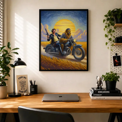 Funny Star Wars Han Solo and Chewbacca wall art painting canvas print, framed prints for Bedroom, living room, game room and home office wall decor. Chewie and Han Solo riding a motorcycle canvas wall art painting poster print for Star wars fans, nerdy, geeky cafe decor, restaurant wall art decor. Star wars themed wall decor.