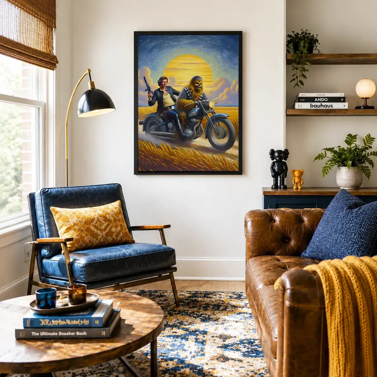 Funny Star Wars Han Solo and Chewbacca wall art painting canvas print, framed prints for Bedroom, living room, game room and home office wall decor. Chewie and Han Solo riding a motorcycle canvas wall art painting poster print for Star wars fans, nerdy, geeky cafe decor, restaurant wall art decor. Star wars themed wall decor.