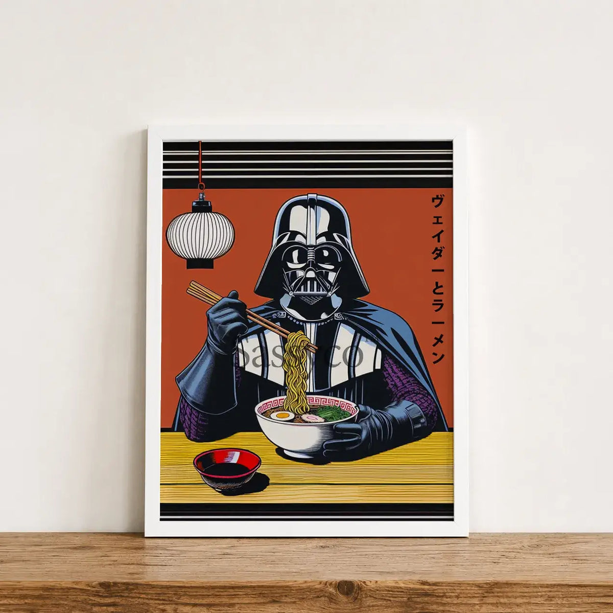 Minimalist Star Wars Darth Vader ramen artwork in Japanese poster style, pop art Star Wars wall decor for kitchen, home office or game room. Funny Star wars inspired Darth Vader wall artwork poster print canvas painting. Japanese anime style wall art decor for gamers. Gift for star wars fan. Darth Vader eating Ramen framed canvas wall art painting poster print for wall decor.