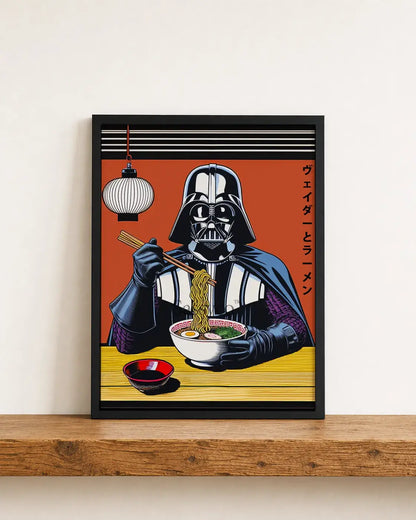 Minimalist Star Wars Darth Vader ramen artwork in Japanese poster style, pop art Star Wars wall decor for kitchen, home office or game room. Funny Star wars inspired Darth Vader wall artwork poster print canvas painting. Japanese anime style wall art decor for gamers. Gift for star wars fan. Darth Vader eating Ramen framed canvas wall art painting poster print for wall decor.
