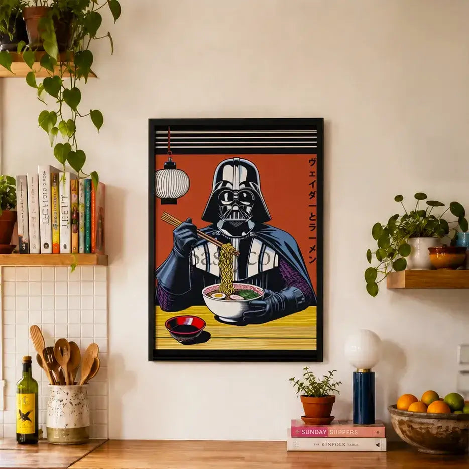 Minimalist Star Wars Darth Vader ramen artwork in Japanese poster style, pop art Star Wars wall decor for kitchen, home office or game room. Funny Star wars inspired Darth Vader wall artwork poster print canvas painting. Japanese anime style wall art decor for gamers. Gift for star wars fan. Darth Vader eating Ramen framed canvas wall art painting poster print for wall decor.