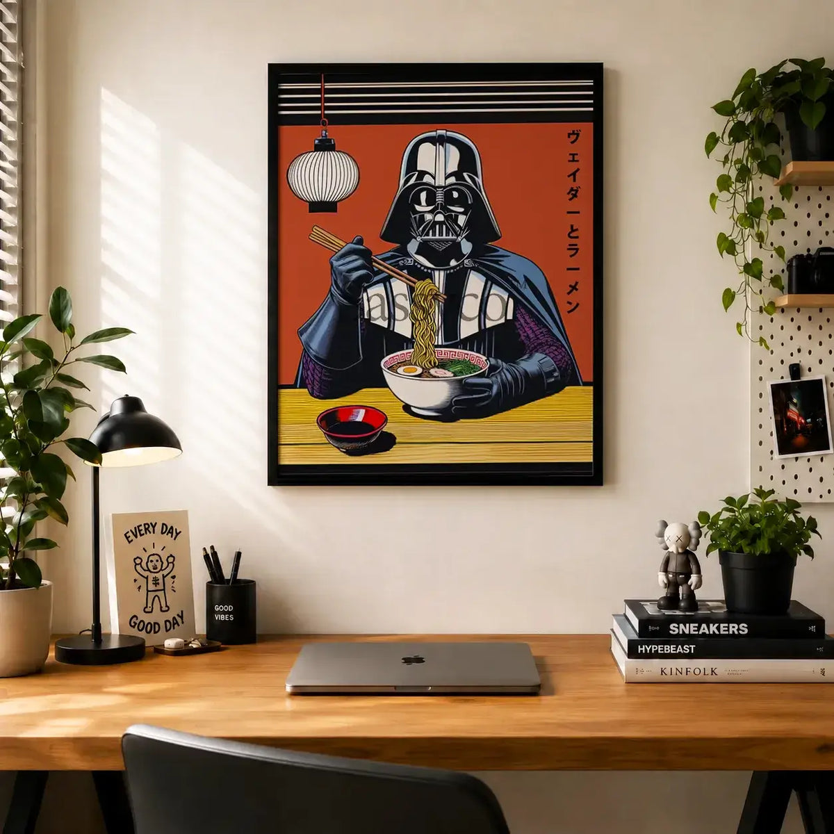 Minimalist Star Wars Darth Vader ramen artwork in Japanese poster style, pop art Star Wars wall decor for kitchen, home office or game room. Funny Star wars inspired Darth Vader wall artwork poster print canvas painting. Japanese anime style wall art decor for gamers. Gift for star wars fan. Darth Vader eating Ramen framed canvas wall art painting poster print for wall decor.