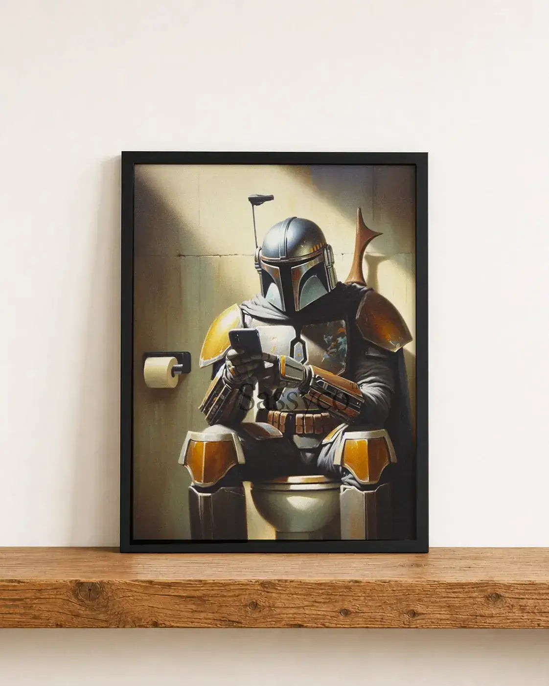 Star Wars inspired, Funny Mandalorian bathroom wall art print painting canvas poster, framed print for bathroom wall decor. The Mandalorian sitting on the WC toilet using his phone. Framed funny star wars canvas wall art print posters for game room, office, bathroom decor.