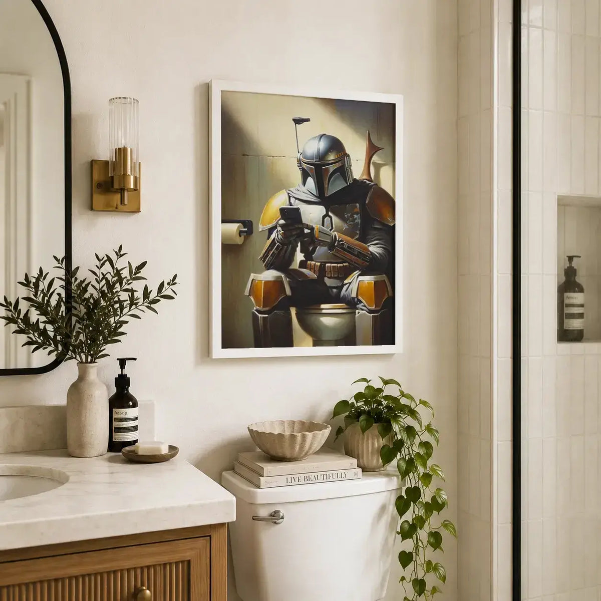 Star Wars inspired, Funny Mandalorian bathroom wall art print painting canvas poster, framed print for bathroom wall decor. The Mandalorian sitting on the WC toilet using his phone. Framed funny star wars canvas wall art print posters for game room, office, bathroom decor.