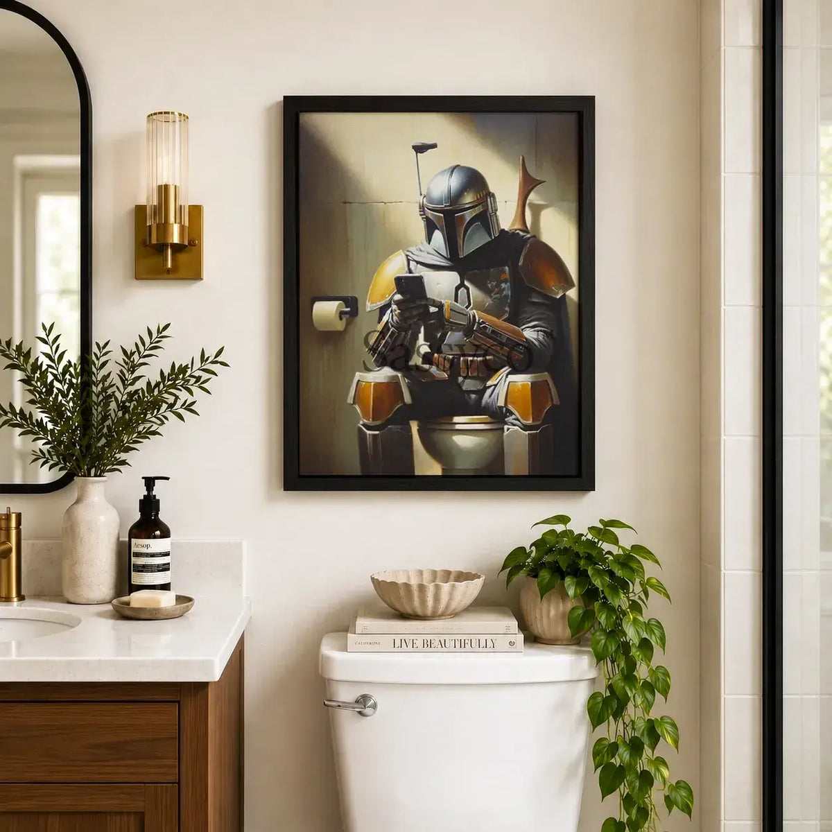 Star Wars inspired, Funny Mandalorian bathroom wall art print painting canvas poster, framed print for bathroom wall decor. The Mandalorian sitting on the WC toilet using his phone. Framed funny star wars canvas wall art print posters for game room, office, bathroom decor.