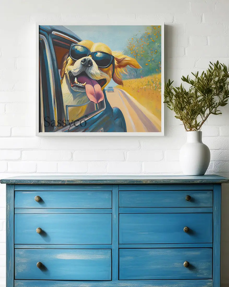 Funny dog car ride artwork wall art painting canvas print, framed print for modern living room, bedroom, home decor. Retro style art for decor. Best canvas wall painting. Buy wall art painting online India. Free Shipping across India.