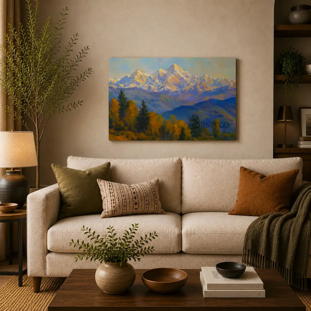 Himalayas snow-capped mountain landscape rising above golden autumn foothills serene impressionist canvas wall art painting, as a gallery wrap canvas print, styled in a living room - mountain canvas wall art, Himalayan landscape wall art, snow mountain poster artwork print for living room, bedroom and home office wall decor