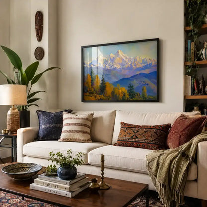 Himalayas snow-capped mountain landscape rising above golden autumn foothills serene impressionist painting, framed in a sleek black frame, styled in a living room - mountain canvas wall art, Himalayan landscape wall art, snow mountain poster artwork print for living room, bedroom and home office wall decor