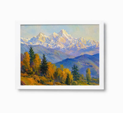 Himalayas snow-capped mountain landscape rising above golden autumn foothills serene impressionist painting, framed in a clean white frame - mountain canvas wall art, Himalayan landscape wall art, snow mountain poster artwork print for living room, bedroom and home office wall decor