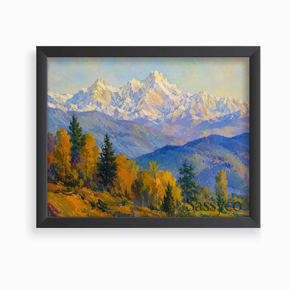 Himalayas snow-capped mountain landscape rising above golden autumn foothills serene impressionist canvas wall art painting, framed in a sleek black frame - mountain canvas wall art, Himalayan landscape wall art, snow mountain poster artwork print for living room, bedroom and home office wall decor