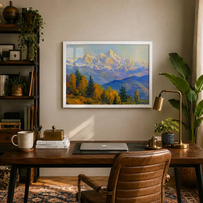 Himalayas snow-capped mountain landscape rising above golden autumn foothills serene impressionist painting, framed in a white frame, styled in a home office - mountain canvas wall art, Himalayan landscape wall art, snow mountain poster artwork print for living room, bedroom and home office wall decor