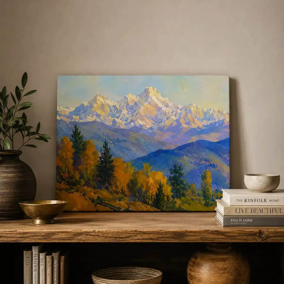Himalayas snow-capped mountain landscape rising above golden autumn foothills serene impressionist canvas wall art painting, styled on a shelf - mountain canvas wall art, Himalayan landscape wall art, snow mountain poster artwork print for living room, bedroom and home office wall decor