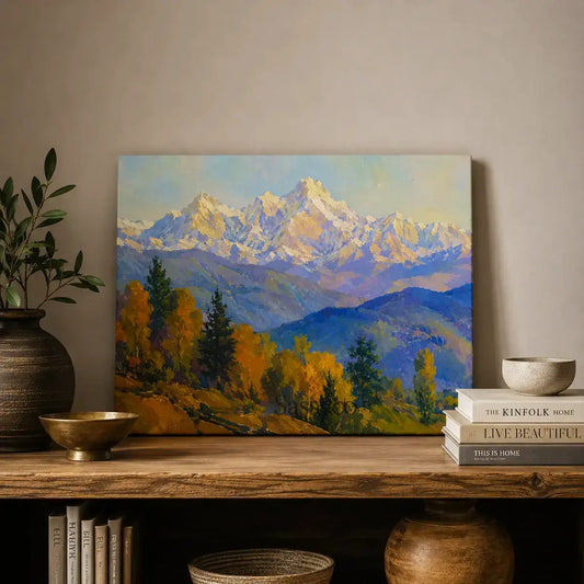 Himalayas snow-capped mountain landscape rising above golden autumn foothills serene impressionist canvas wall art painting, styled on a shelf - mountain canvas wall art, Himalayan landscape wall art, snow mountain poster artwork print for living room, bedroom and home office wall decor
