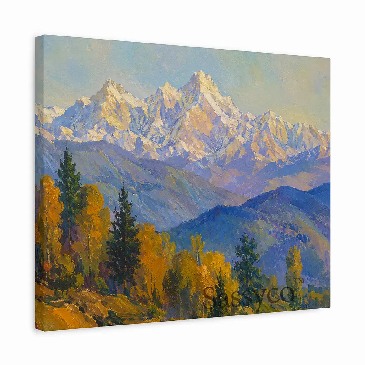 Himalayas snow-capped mountain landscape rising above golden autumn foothills serene impressionist painting, as a gallery wrap canvas print - mountain canvas wall art, Himalayan landscape wall art, snow mountain poster artwork print for living room, bedroom and home office wall decor