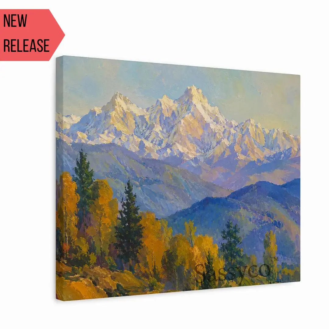 Himalayas snow-capped mountain landscape rising above golden autumn foothills serene impressionist painting, as a gallery wrap canvas print - mountain canvas wall art, Himalayan landscape wall art, snow mountain poster artwork print for living room, bedroom and home office wall decor