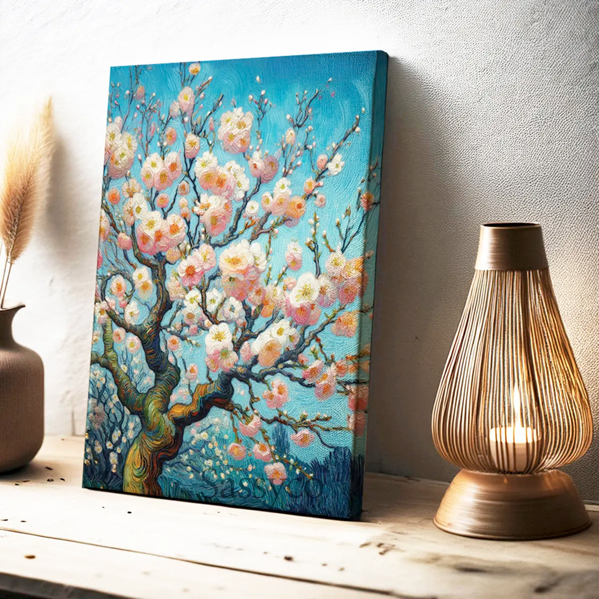 Canvas painting of a floral branch with a decorative lamp on a wooden surface. Van Gogh style Japanese Sakura Cherry blossom flowers floral botanical wall art painting canvas, framed canvas art print for bedroom, living room, modern home decor. 