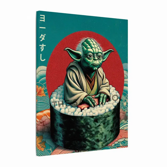Funny Yoda wall art styled as sushi, minimalist Japanese pop art canvas painting for Star Wars fans and gamers. Star wars inspired wall art decor artwork poster for office, game room, bedroom decor. 