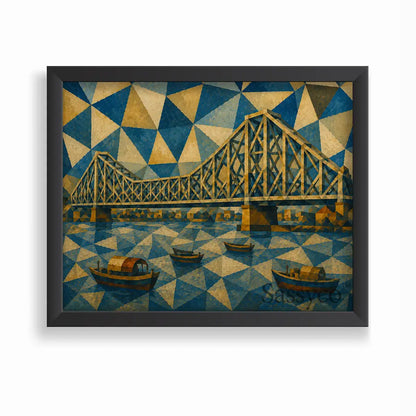 Howrah Bridge Kolkata cubist painting canvas wall art in a black frame, featuring a geometric abstract bridge over the Hooghly river with four boats, in deep blues, mustard, and warm ochre triangular facets in a fractured cubist style,  perfect framed canvas wall art for living room, bedroom, hallway, staircase, dining room, and home office decor, Indian cityscape painting, Kolkata skyline art, travel inspired abstract art, statement piece for art lovers, housewarming gift, unique wall decor for apartment 