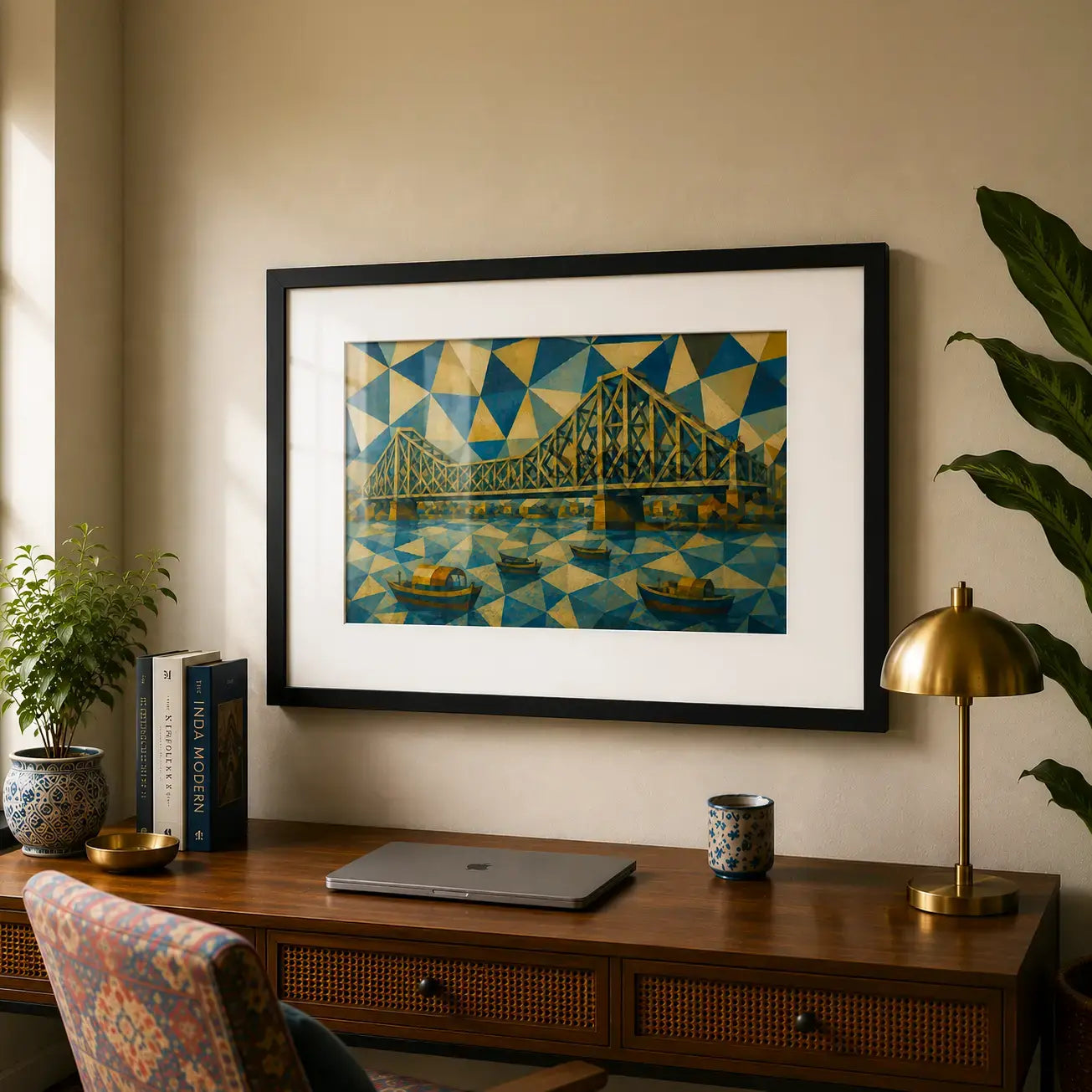 Framed Howrah Bridge Kolkata cubist wall art hung above a wooden home office desk styled. Geometric abstract cityscape painting of the Howrah cantilever bridge and river boats in blue, gold, and ochre tones, black frame with white mat border, minimalist home office wall decor, study room wall art, work from home desk setup inspiration, Indian abstract art, Kolkata Bridge painting, modern professional office decor, aesthetic desk decor ideas