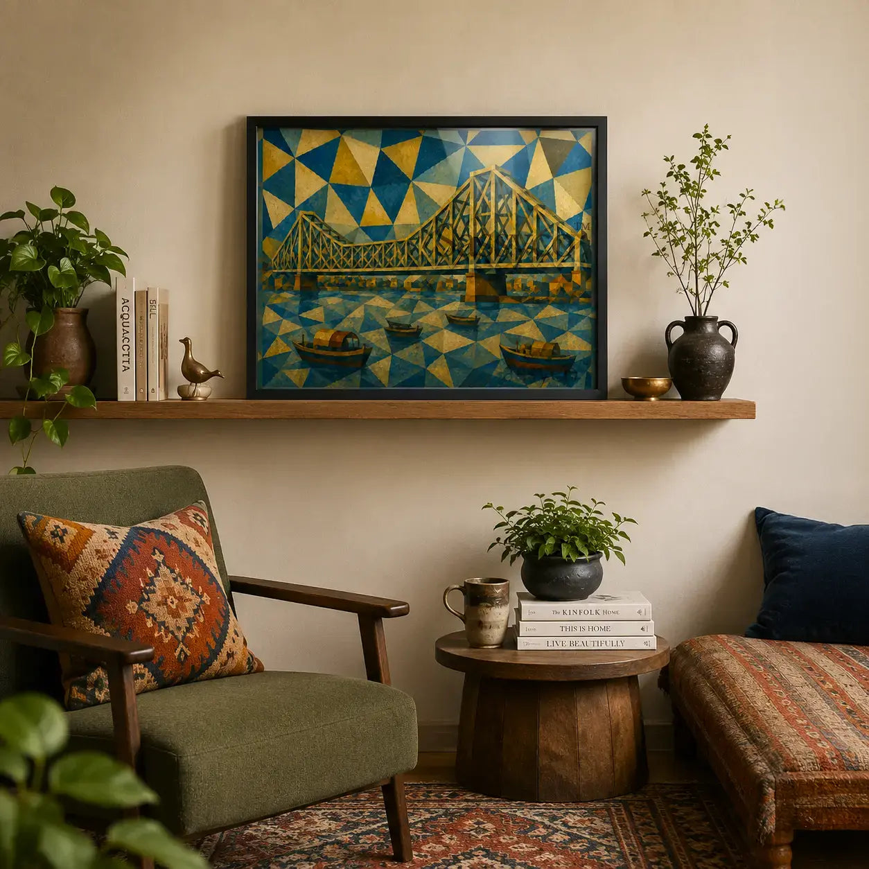 Howrah Bridge Kolkata cubist canvas wall art on a floating wooden shelf. Geometric abstract painting of the Howrah bridge and river boats in blue and gold cubist style, black frame, boho eclectic living room decor, shelf styling inspiration, mid-century modern living room wall art, Indian art for home interiors, cozy reading nook decor, textured layered home styling